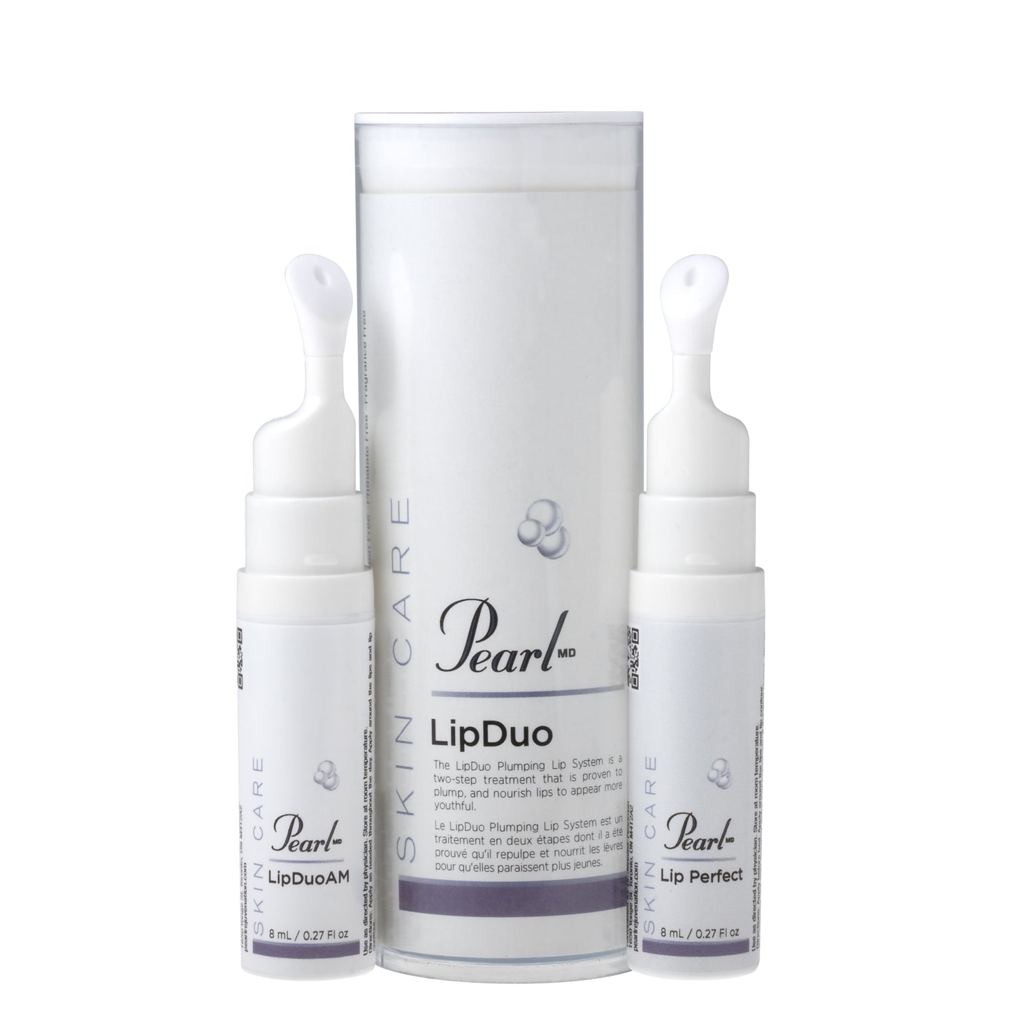 PearlMD LIP DUO a completely new approach to lip care! Daytime protection with non-chemical sunscreen (SPF 30) combined with a rejuvenating nighttime serum containing Barrier Lipids, Hyaluronic acid, Peptides, Kinetin and the gentle HPR retinoid. The unique moisturizing balm base is made from natural, olive-derived Squalane