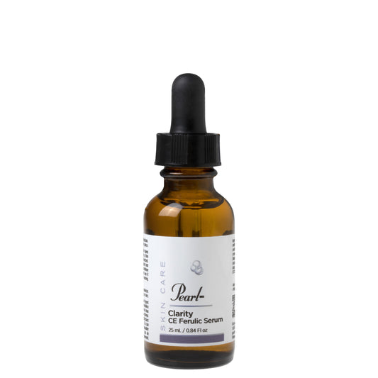 PearlMD Skincare Clarity CEF Serum is a brightening anti-oxidant serum containing three active ingredients L-ascorbic-acid (Vitamin C), Vitamin E and Ferulic acid, a Green Tea extract designed to brighten up your skin and amplify your glow