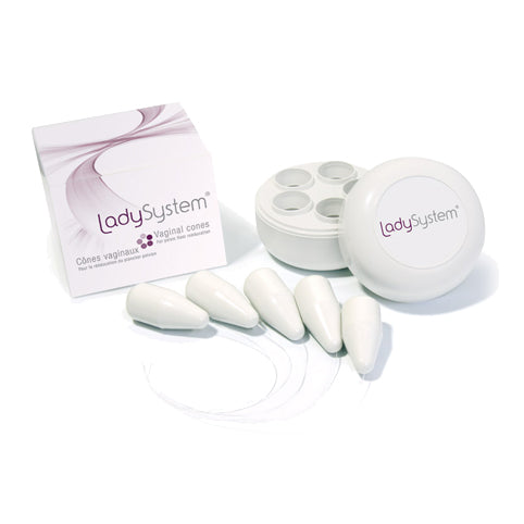 LadySystem is a graduated system of 5 hypoallergenic weighted cones inserted into the vagina daily for 15 minutes per day to effectively strengthen the muscles of the pelvic floor and improve bladder control